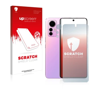 Parte frontale di una confezione del prodotto con il logo del marchio upscreen. Accanto è raffigurato il dispositivo Xiaomi 12