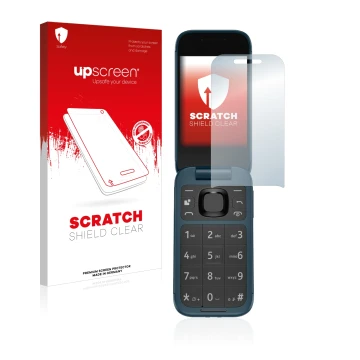 Parte frontale di una confezione del prodotto con il logo del marchio upscreen. Accanto è raffigurato il dispositivo Nokia 266