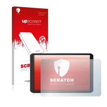 Parte frontale di una confezione del prodotto con il logo del marchio upscreen. Accanto è raffigurato il dispositivo Garmin de