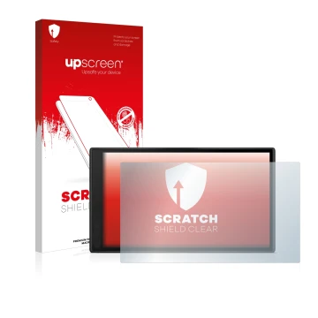 Parte frontale di una confezione del prodotto con il logo del marchio upscreen. Accanto è raffigurato il dispositivo Garmin Dr