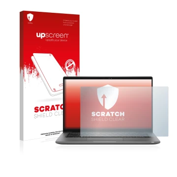 Parte frontale di una confezione del prodotto con il logo del marchio upscreen. Accanto è raffigurato il dispositivo Dell Lati