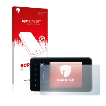Parte frontale di una confezione del prodotto con il logo del marchio upscreen. Accanto è raffigurato il dispositivo Dacia Jog