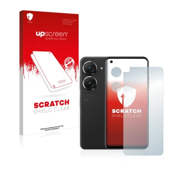 Parte frontale di una confezione del prodotto con il logo del marchio upscreen. Accanto è raffigurato il dispositivo ASUS ZenF