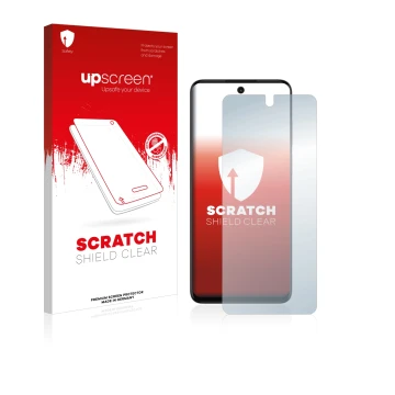 Parte frontale di una confezione del prodotto con il logo del marchio upscreen. Accanto è raffigurato il dispositivo Motorola 