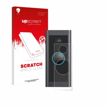 Parte frontale di una confezione del prodotto con il logo del marchio upscreen. Accanto è raffigurato il dispositivo Ring Vide