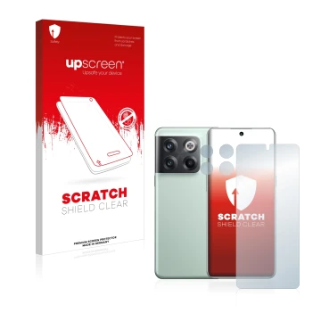 Parte frontale di una confezione del prodotto con il logo del marchio upscreen. Accanto è raffigurato il dispositivo OnePlus 1