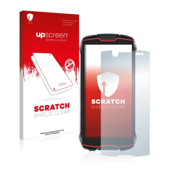 Parte frontale di una confezione del prodotto con il logo del marchio upscreen. Accanto è raffigurato il dispositivo Cubot Kin