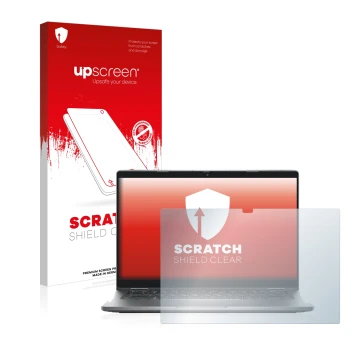 Parte frontale di una confezione del prodotto con il logo del marchio upscreen. Accanto è raffigurato il dispositivo Dell Lati
