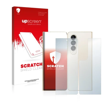 Parte frontale di una confezione del prodotto con il logo del marchio upscreen. Accanto è raffigurato il dispositivo Samsung G