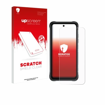 Parte frontale di una confezione del prodotto con il logo del marchio upscreen. Accanto è raffigurato il dispositivo Umidigi B