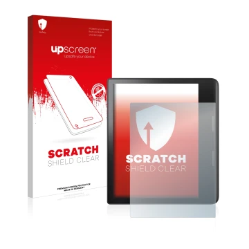 Parte frontale di una confezione del prodotto con il logo del marchio upscreen. Accanto è raffigurato il dispositivo Tolino Ep