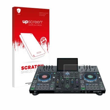 Parte frontale di una confezione del prodotto con il logo del marchio upscreen. Accanto è raffigurato il dispositivo Denon DJ 