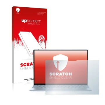 Parte frontale di una confezione del prodotto con il logo del marchio upscreen. Accanto è raffigurato il dispositivo Dell XPS 