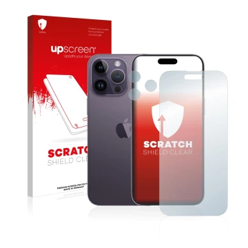Parte frontale di una confezione del prodotto con il logo del marchio upscreen. Accanto è raffigurato il dispositivo Apple iPh