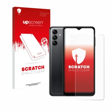 Parte frontale di una confezione del prodotto con il logo del marchio upscreen. Accanto è raffigurato il dispositivo Samsung G