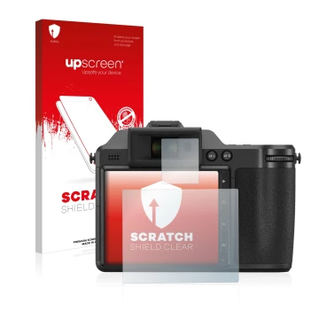 Parte frontale di una confezione del prodotto con il logo del marchio upscreen. Accanto è raffigurato il dispositivo Fujifilm 