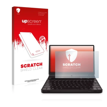 Parte frontale di una confezione del prodotto con il logo del marchio upscreen. Accanto è raffigurato il dispositivo GPD Win M