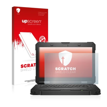 Parte frontale di una confezione del prodotto con il logo del marchio upscreen. Accanto è raffigurato il dispositivo Dell Lati