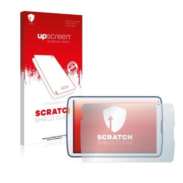 Parte frontale di una confezione del prodotto con il logo del marchio upscreen. Accanto è raffigurato il dispositivo Zebra ET4