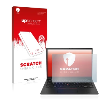 Parte frontale di una confezione del prodotto con il logo del marchio upscreen. Accanto è raffigurato il dispositivo Lenovo Th