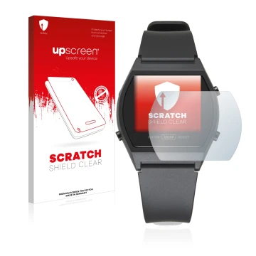 Parte frontale di una confezione del prodotto con il logo del marchio upscreen. Accanto è raffigurato il dispositivo Casio LW-