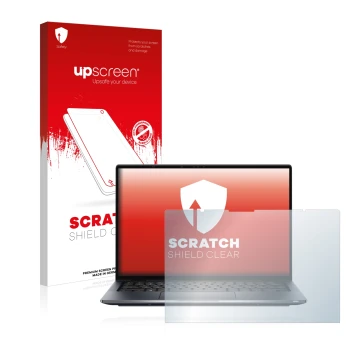 Parte frontale di una confezione del prodotto con il logo del marchio upscreen. Accanto è raffigurato il dispositivo Dell Lati