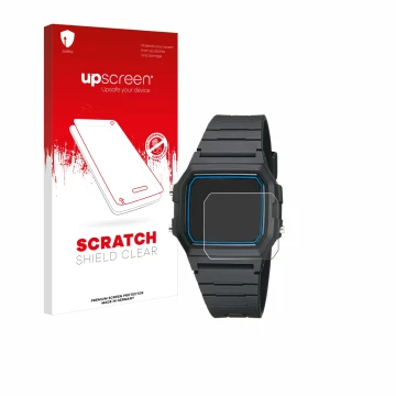 Parte frontale di una confezione del prodotto con il logo del marchio upscreen. Accanto è raffigurato il dispositivo Casio F-1