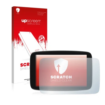 Parte frontale di una confezione del prodotto con il logo del marchio upscreen. Accanto è raffigurato il dispositivo TomTom GO