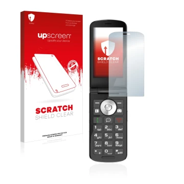 Parte frontale di una confezione del prodotto con il logo del marchio upscreen. Accanto è raffigurato il dispositivo Emporia T