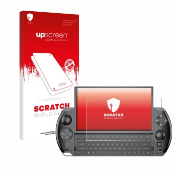 Parte frontale di una confezione del prodotto con il logo del marchio upscreen. Accanto è raffigurato il dispositivo GPD Win 4