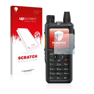 Parte frontale di una confezione del prodotto con il logo del marchio upscreen. Accanto è raffigurato il dispositivo Hytera HP