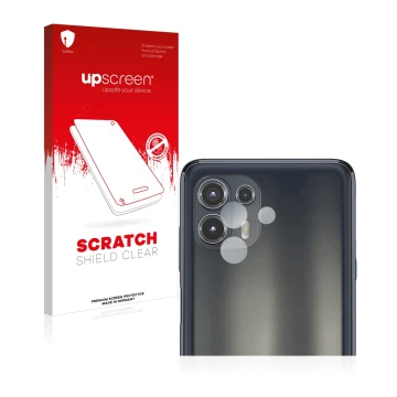 Parte frontale di una confezione del prodotto con il logo del marchio upscreen. Accanto è raffigurato il dispositivo Motorola 