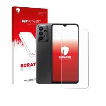 Parte frontale di una confezione del prodotto con il logo del marchio upscreen. Accanto è raffigurato il dispositivo Samsung G
