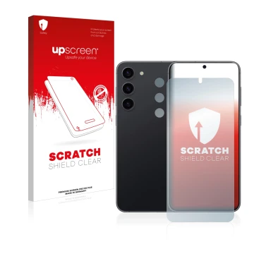 Parte frontale di una confezione del prodotto con il logo del marchio upscreen. Accanto è raffigurato il dispositivo Samsung G