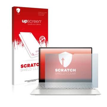 Parte frontale di una confezione del prodotto con il logo del marchio upscreen. Accanto è raffigurato il dispositivo HP Envy x