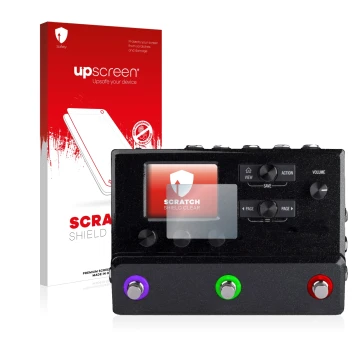 Parte frontale di una confezione del prodotto con il logo del marchio upscreen. Accanto è raffigurato il dispositivo Line 6 hx