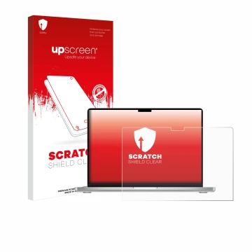 Parte frontale di una confezione del prodotto con il logo del marchio upscreen. Accanto è raffigurato il dispositivo Apple Mac