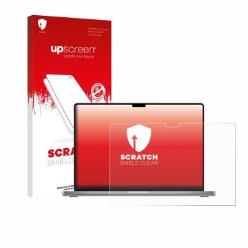Parte frontale di una confezione del prodotto con il logo del marchio upscreen. Accanto è raffigurato il dispositivo Apple Mac