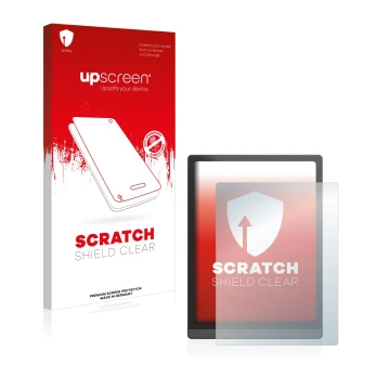Parte frontale di una confezione del prodotto con il logo del marchio upscreen. Accanto è raffigurato il dispositivo Boox Tab 