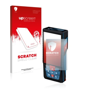 Parte frontale di una confezione del prodotto con il logo del marchio upscreen. Accanto è raffigurato il dispositivo Bosch GLM
