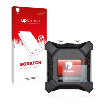 Parte frontale di una confezione del prodotto con il logo del marchio upscreen. Accanto è raffigurato il dispositivo Zoom F3 f
