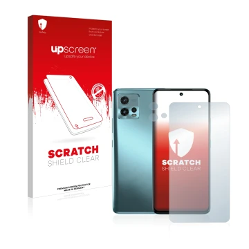 Parte frontale di una confezione del prodotto con il logo del marchio upscreen. Accanto è raffigurato il dispositivo Motorola 