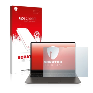 Parte frontale di una confezione del prodotto con il logo del marchio upscreen. Accanto è raffigurato il dispositivo Samsung G