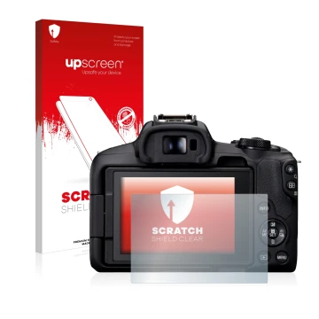Parte frontale di una confezione del prodotto con il logo del marchio upscreen. Accanto è raffigurato il dispositivo Canon EOS
