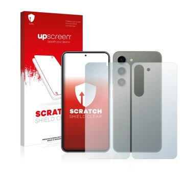 Parte frontale di una confezione del prodotto con il logo del marchio upscreen. Accanto è raffigurato il dispositivo Samsung G