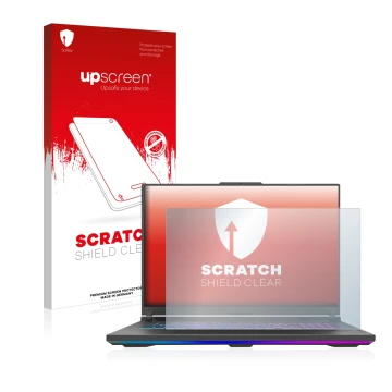 Parte frontale di una confezione del prodotto con il logo del marchio upscreen. Accanto è raffigurato il dispositivo ASUS ROG 