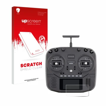 Parte frontale di una confezione del prodotto con il logo del marchio upscreen. Accanto è raffigurato il dispositivo Radiomast