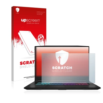 Parte frontale di una confezione del prodotto con il logo del marchio upscreen. Accanto è raffigurato il dispositivo MSI Katan