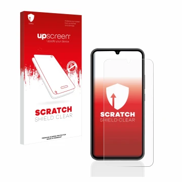 Parte frontale di una confezione del prodotto con il logo del marchio upscreen. Accanto è raffigurato il dispositivo Samsung G