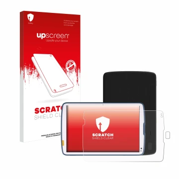 Parte frontale di una confezione del prodotto con il logo del marchio upscreen. Accanto è raffigurato il dispositivo Zebra ET4